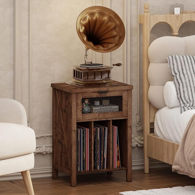 BON AUGURE Record Player Stand with Vinyl Storage, Farmhouse Record Player Cabinet End Table Holds up to 160 Albums, Brown Turntable Stand for Living Room, Bedroom, Office (Rustic Oak)