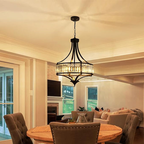 20" Modern Farmhouse Crystal Chandeliers for Dining Room, 5-Light Black Antique Pendant Chandelier, Contemporary Hanging Light Fixture for Living Room Bedroom Foyer Kitchen Island Entryway