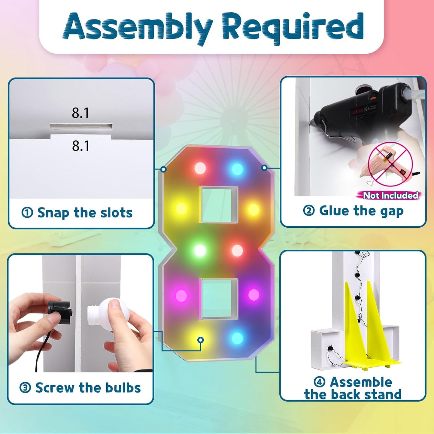 imprsv 4FT Colorful Marquee Numbers,18 Colors Number 8 with Remote, Light Up Sign for 8th Birthday Decorations Anniversary Party Decor, Pre-Cut Foam Board Kit, Mosaic Sign for Balloon