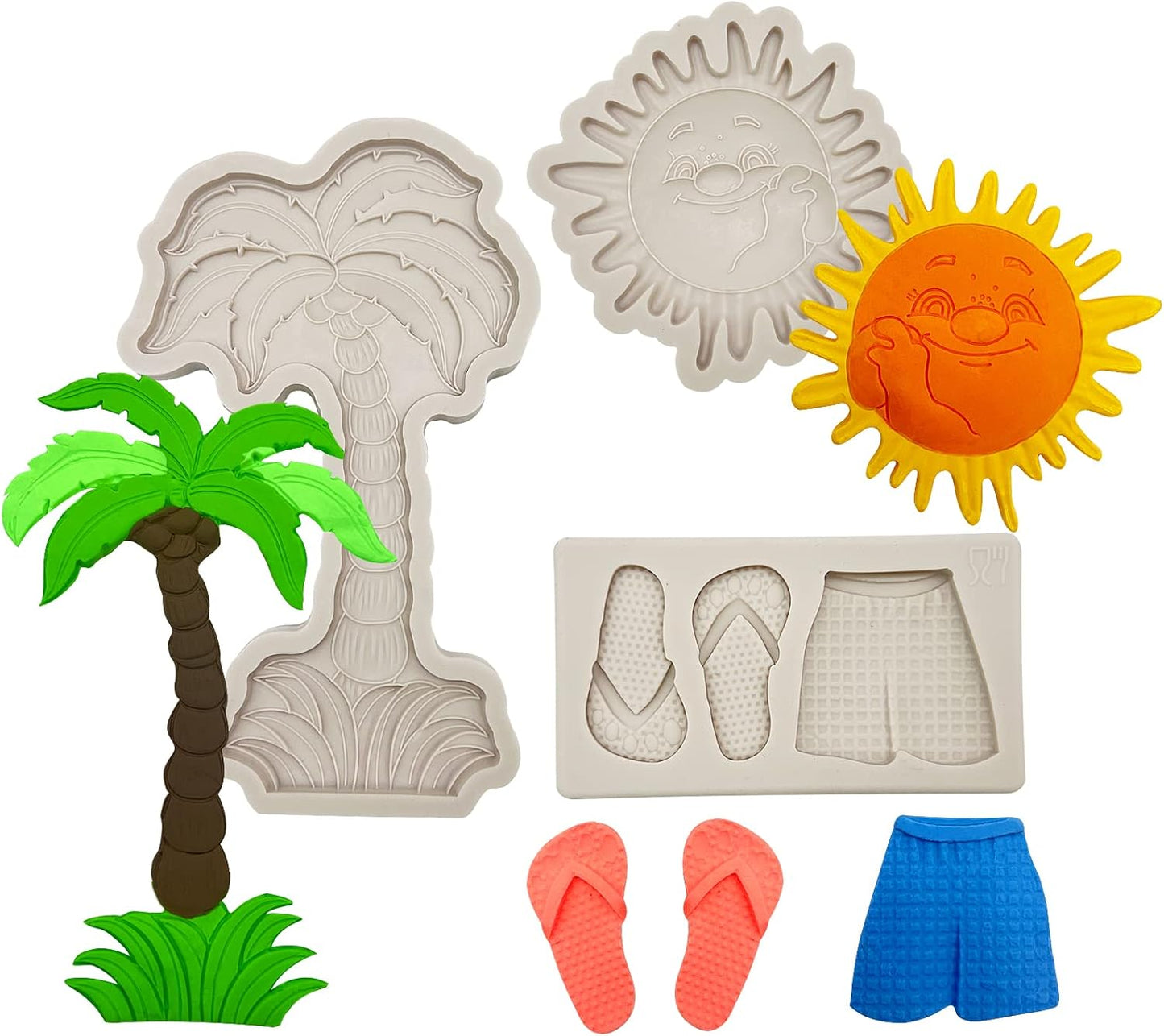 3 Pcs Hawaiian Coconut Tree Fondant Molds, Seaside Beach Sun Silicone Molds, Slipper Surf Shorts Clay Mold for Cake Decorating, Candy Chocolate Marzipan Resin Crafts, Summer Party, Halloween