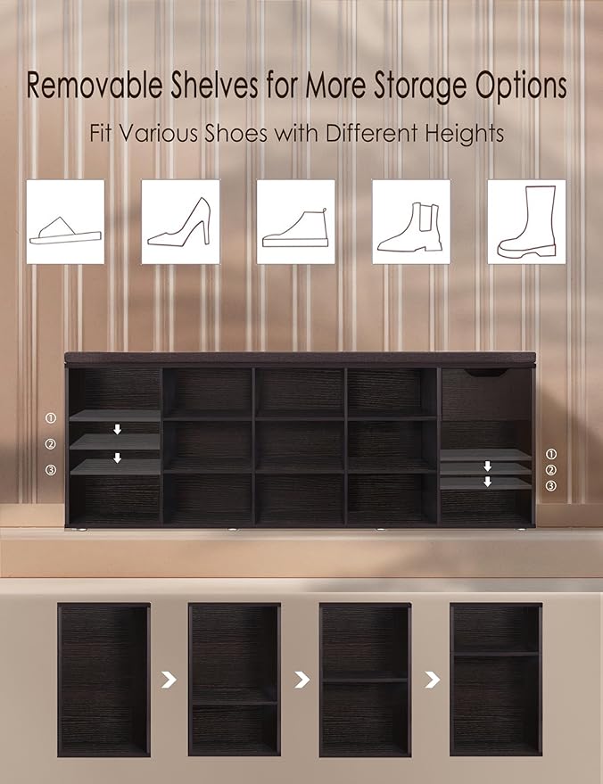 DINZI LVJ Shoe Bench, Entryway Storage Bench with Drawer and 14 Cubbies, Long Cubby Shoe Rack with Adjustable Shelves, Organizer for Living Room, Bedroom, Mudroom, Garage, Espresso