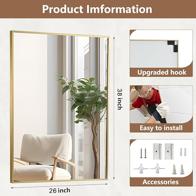 Gold Bathroom Mirror, 26"x38" Rectangle Mirror, Brushed Gold Mirror, Metal Frame Square Corner Vanity Mirror, Wall Mounted Mirror for Modern, Living Room, Bedroom, Horizontal Or Vertical