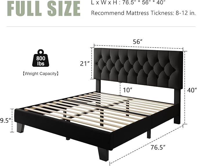 Feonase Full Size Platform Bed Frame with Button Tufted Headboard, Upholstered Linen Bed with Wooden Slats Support, No Box Spring Needed, Easy Assembly, Noise-Free, Black