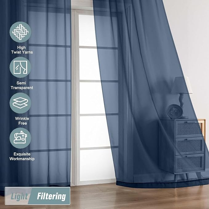 Navy Blue Sheer Curtains 63 Inch Length 2 Panels, Voile Sheer Curtain - Image 5