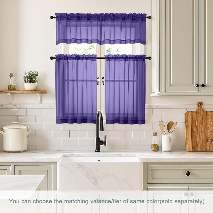 Purple Small Sheer Curtains 2 Panels Set, Kitchen Curtains 36 Inch Length - Image 2