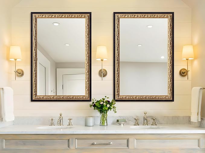 Vintage Gold Mirror 36”x24”, Black Decorative Mirror for Vanity with Gold Foil Carvings Solid Wooden Frame, Antique Handmade Aging, for Luxe Living Room, Entryway, Bathroom and Bedroom