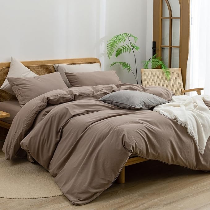 BESTOUCH Duvet Cover Set 100% Washed Cotton Linen Feel Super Soft Comfortable Chic Lightweight 3 PCs Home Bedding Set Solid Pine Bark Brown Oversized Full