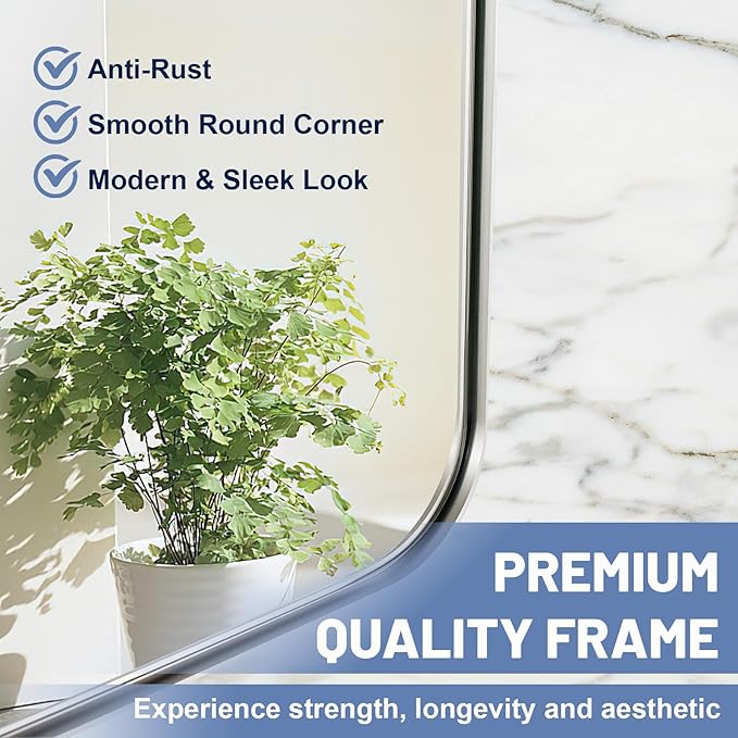 Silver Wall Mirror, 30x48 Inch Rounded Rectangle Vanity Mirror for Bathroom, Anti-Rust, Shatterproof, Farmhouse Wall Mounted Horizontal/Vertical