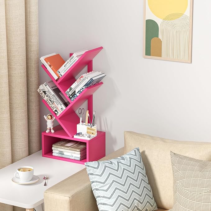 Small Tree Book Shelf,5 Tier Black Tree Bookshelf,Desktop Bookcase,Modern Desk Display Storage Bookshelves,Floor Standing Organizer Bookcases for Living Room,Bedroom,Office