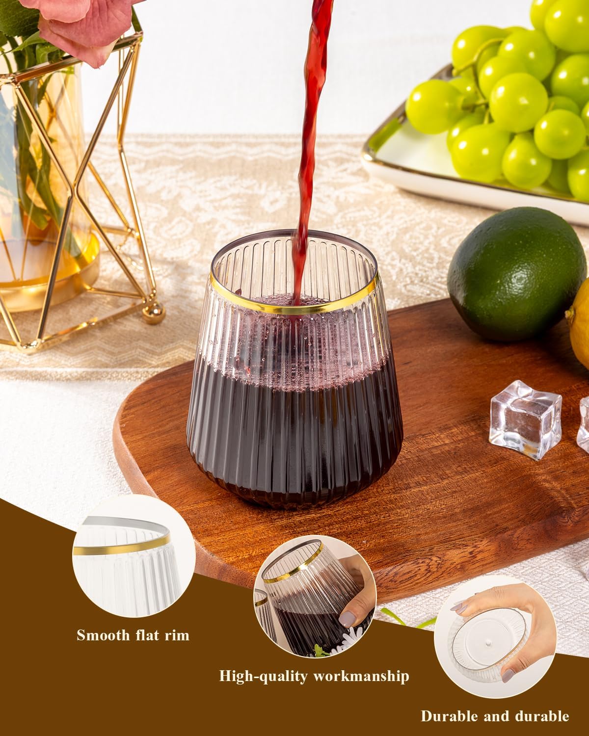 Goodluck 36 Pack 12oz Stemless Plastic Wine Glasses – Clear Ribbed Cups with Gold Rim, Fancy Reusable Disposable Drinkware for Weddings, Parties, Bars, Indoor and Outdoor Events