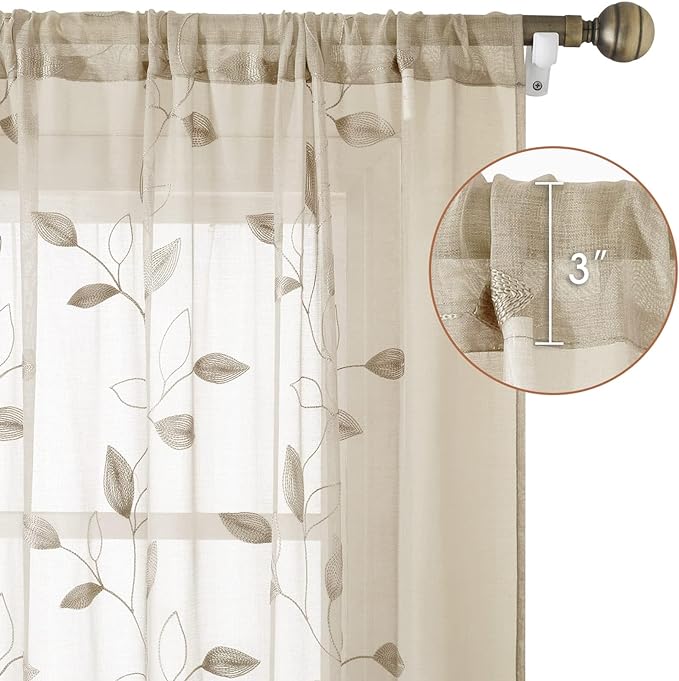 HOMEIDEAS Taupe Sheer Curtains 52 X 63 Inches Length 2 Panels Beige Embroidered - Image 5