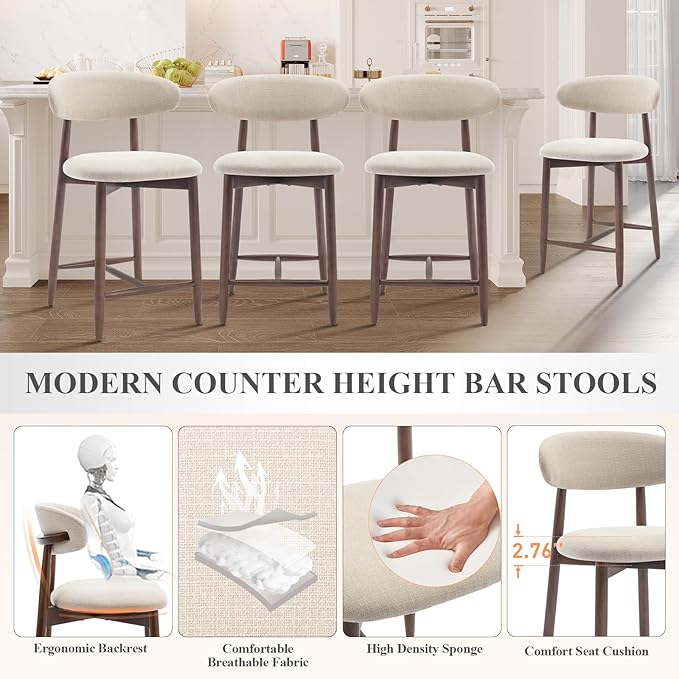 COLAMY Bar Stools with Back, Counter Height Bar Stools, Upholstered Counter Stools with Wood Legs for Kitchen Island Dining Room Bar, Beige