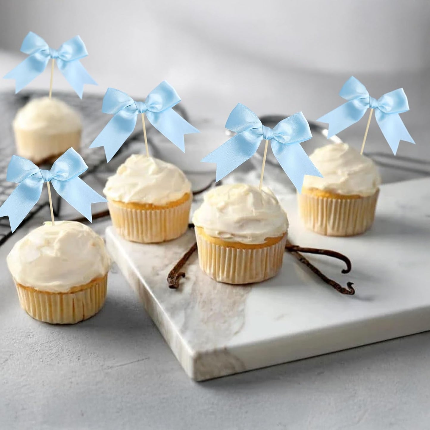 Ephlyn 24Pcs Bow Cupcake Toppers Bowknot Cake Toppers Bow Cupcake Picks Bowknot Birthday Party Decorations for Wedding Bridal Engagement Baby Shower Birthday Party Supplies Light Blue
