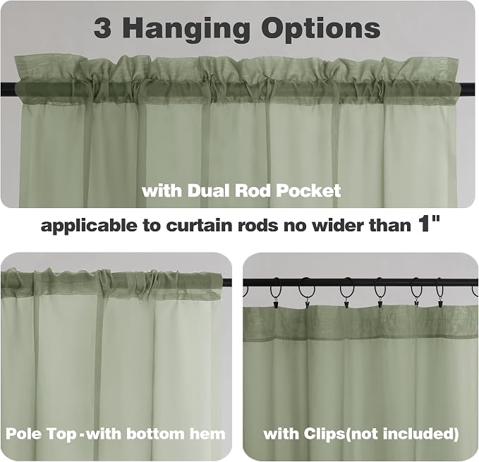 Chyhomenyc Sage Green Sheer Curtains 72 Inch Length 2 Panels, Light Filtering - Image 2