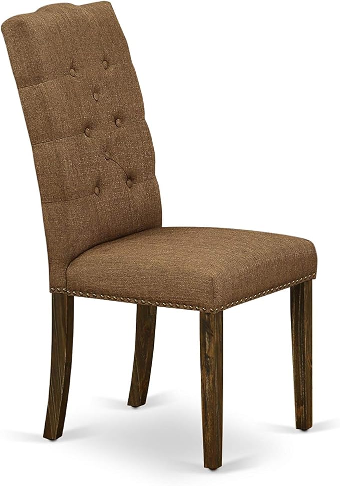 East West Furniture F3EL5-718 5 Piece Modern Dining Table Set Includes a Round Wooden Table with Pedestal and 4 Brown Linen Linen Fabric Parsons Dining Chairs, 48x48 Inch, Distressed Jacobean