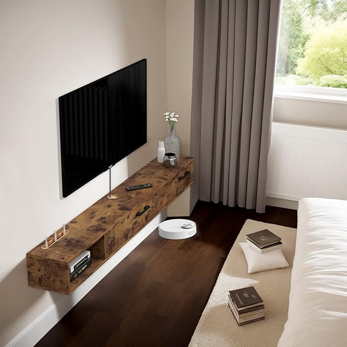 Pmnianhua Farmhouse Floating TV Stand with 2 Doors for TVs up to 80'',78'' Under TV Shelf Floating,Wall Mounted TV Shelf,Rustic Floating TV Console for Under TV(Rustic Brown)
