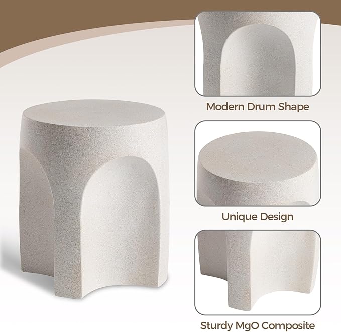 COSIEST Set of 2 Concrete Side Table Drum Shape, 2 Pieces Outdoor Side Table, Patio Accent Cement End Tables, Plant Stand Garden Decorative Stool, Spotted White