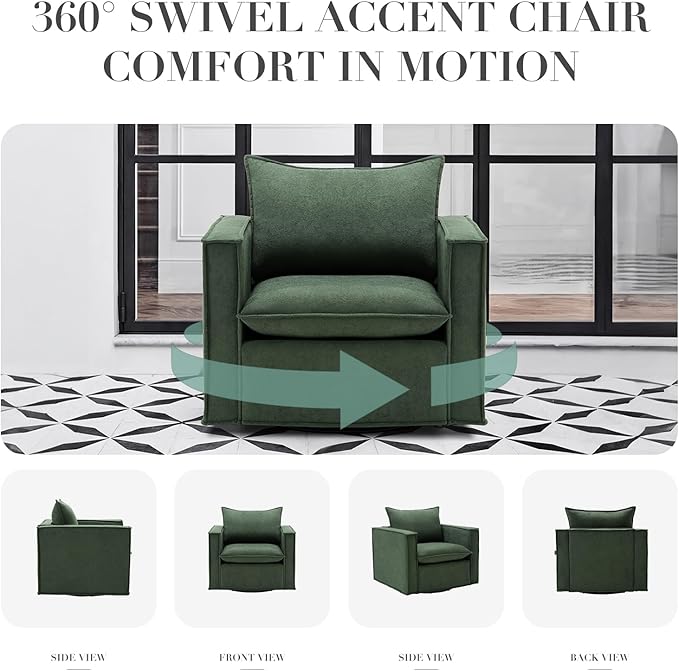 COLAMY Swivel Accent Chair Set of 2, 34 Inches Wide Upholstered Arm Chair with Plump Back Pillow, Modern Sofa Living Room Chair for Bedroom, Corner, Reading Nook-Green