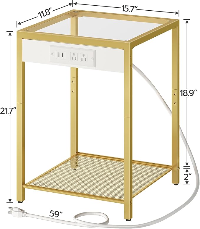 HOOBRO Side Table with Charging Station, End Table with USB Port, Nightstand for Tight Spaces, Tempered Glass, Modern Metal Frame, for Office, Bedroom, Living Room, Study, Gold GD76UBZ01