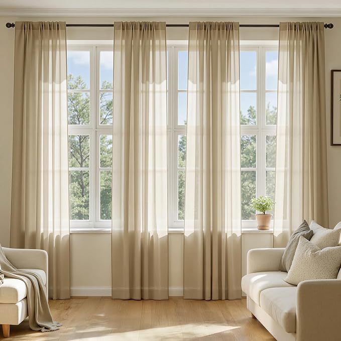MIULEE Beige Sheer Curtains 90 Inches Long, 4 Panels Set, Rod Pocket Voile by MIULEE