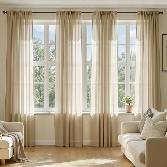 MIULEE Beige Sheer Curtains 63 Inches Long, 4 Panels Set, Rod Pocket Voile by MIULEE