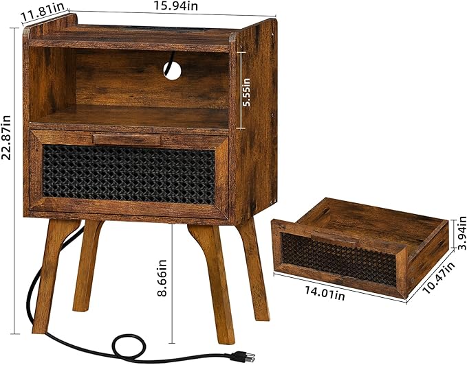 Lerliuo Rattan Nightstand with Charging Station, Side Table with Drawer Open Shelf, Cane Accent Bedside End Table with Solid Wood Legs, Night Stand for Bedroom, Dorm and Small Spaces (Brown)