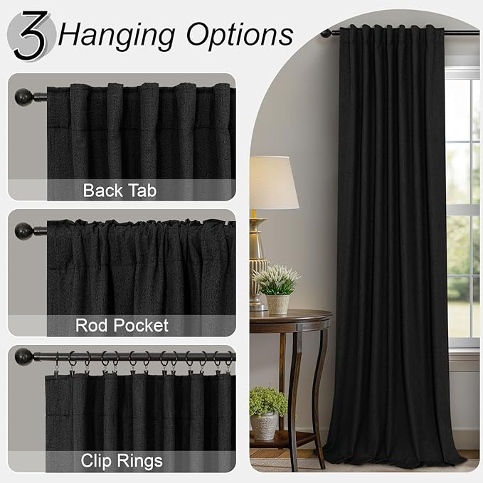 Black Curtains 84 Inches Long for Bedroom 2 Panel Set Linen Textured Total - Image 6