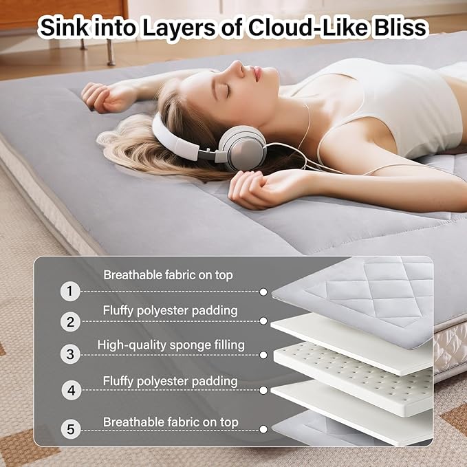 Welnow Japanese Futon Floor Mattress, Thick Queen Size Tatami Mat Portable & Foldable Roll Up Floor Bed Mattress with Storage Bag, Sleeping Pad for Adults, Dorm, Guest Bed, Camping and Travel, Grey