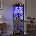 Corner Bar Cabinet with Power Outlet, 5-Tier Corner Wine Cabinet with Led Strip and Glass Holder, Industrial Tall Liquor Cabinet Bar Wine Rack for Home, Grey Oak