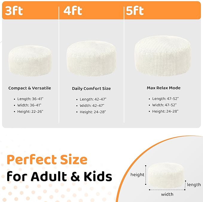 HABUTWAY 4FT Bean Bag Chair, 4' Large Bean Bag Chairs for Adults with Removable Stripe Plush Cover, Memory Foam Beanbag Chair for Living Room Bedroom Dorm (White)