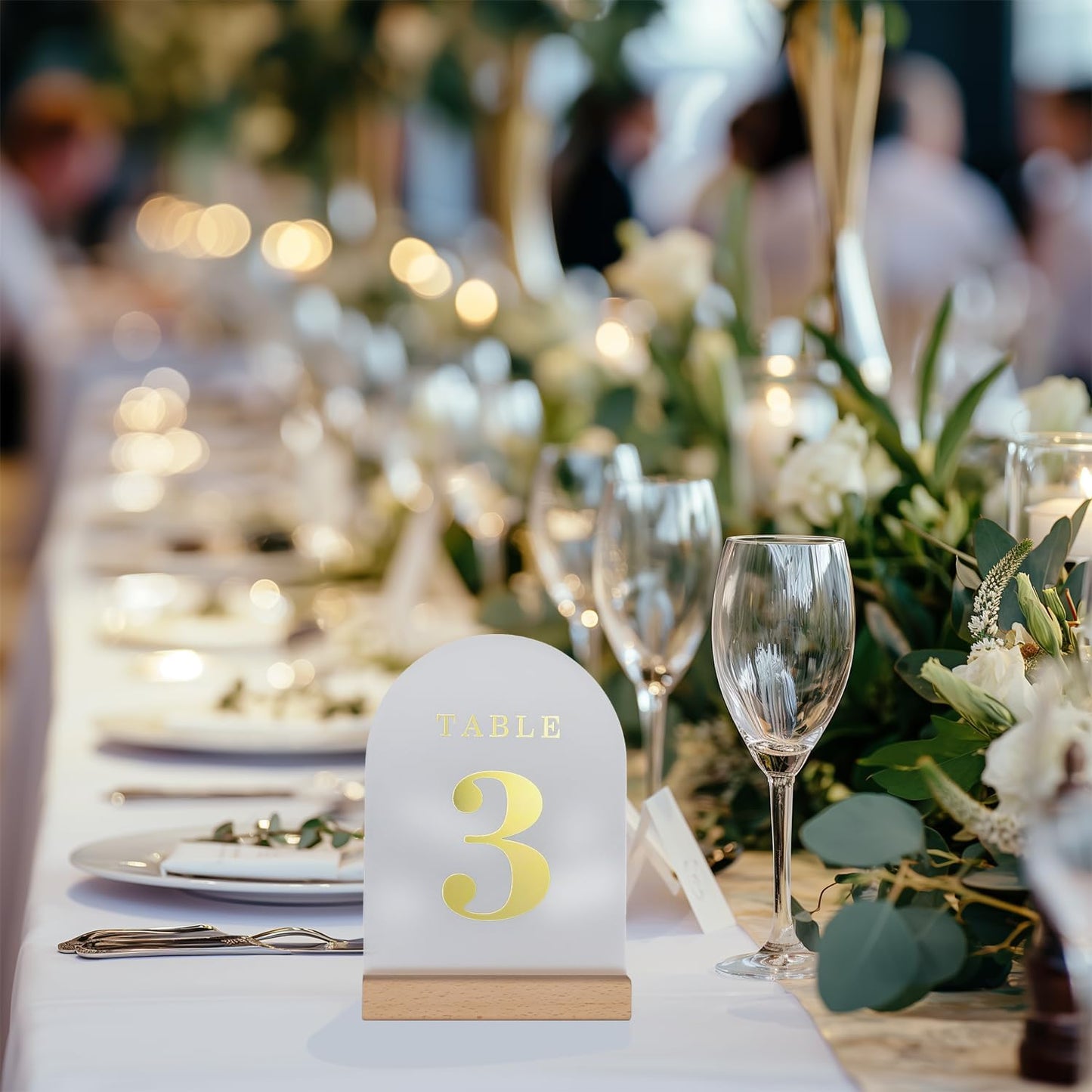Wedding Table Numbers 1-15, Acrylic Arch Signs with Natural Wood Stands Holders, Rustic Table Decor for Reception & Parties (Frosted Gold)