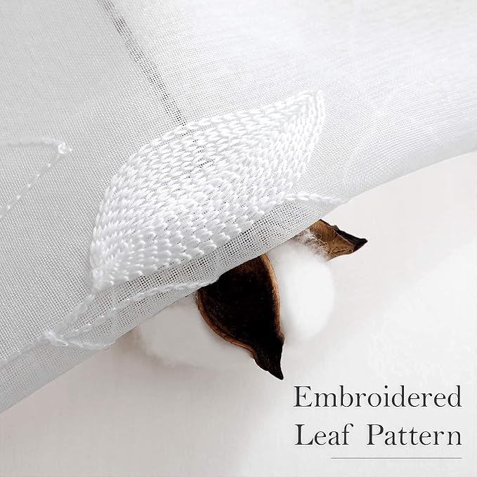 HOMEIDEAS White Sheer Curtains 52 X 63 Inches Length 2 Panels Embroidered Leaf - Image 3