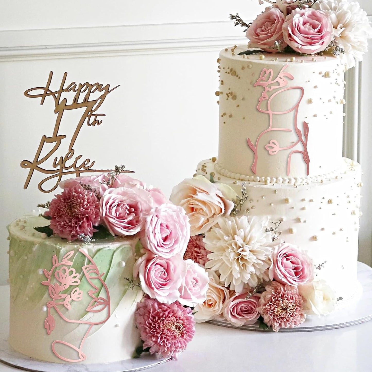 12 Pcs Acrylic Lady Face Cake Topper Minimalist Art Happy Birthday Cake Toppers Women Wedding Cake Decoration for Wedding Birthday Party (Rose gold)