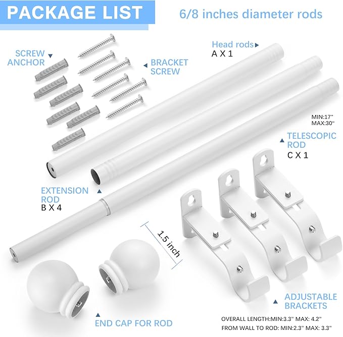 Curtain Rods for Windows 16 to 92 Inches, Curtain Rod Max Adjustable Length of 104 IN, 6/8" Diameter Drapery Rods Round Finials, White, Pack of 1