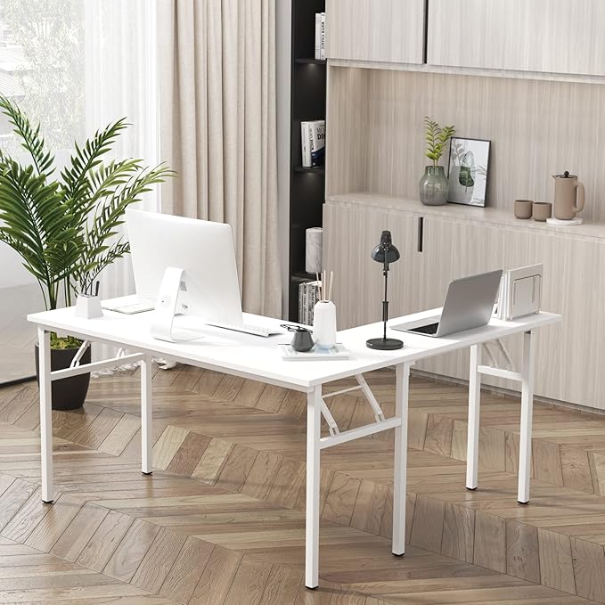 DlandHome Reversible L-Shaped Desk Large Corner Desk Folding Table Computer Desk Home Office Table Computer Workstation, White DND-ND11-WW