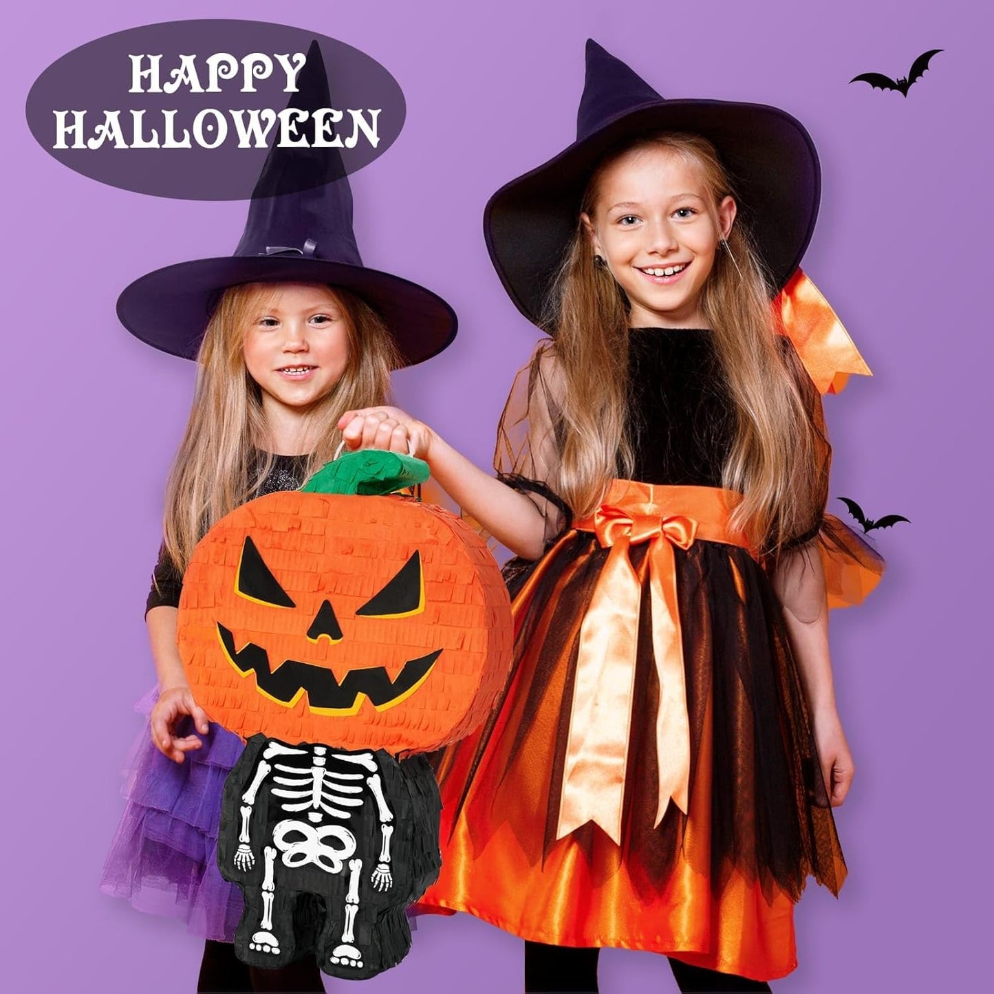 WERNNSAI Halloween Skull Pumpkin Piñata - Pumpkin Skull Pinata Halloween Scary Party Candy Game Supplies for Kids Trick Treat Party Jack o Lanterns Decorations Favor with Blindfold & Bat