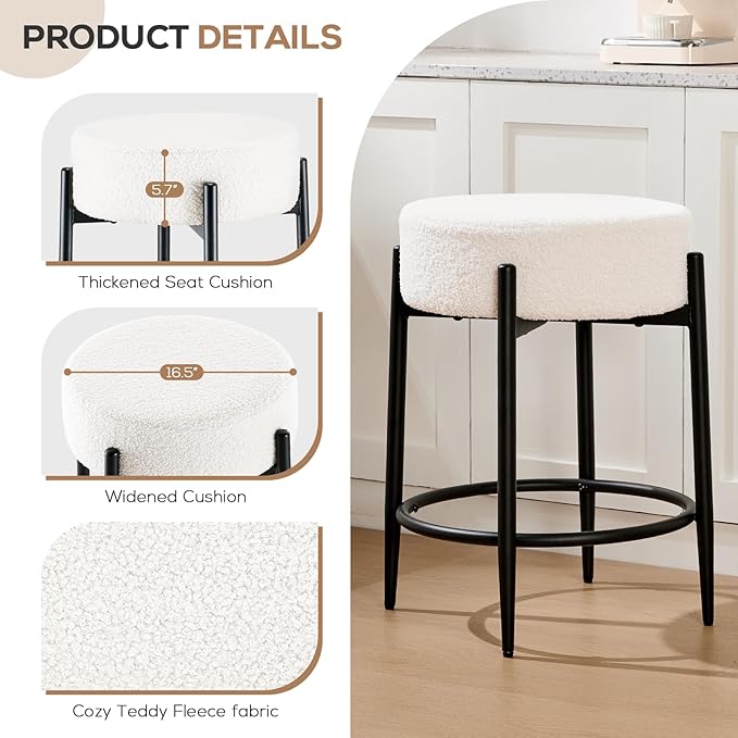 Dining Room Chairs Set of 6, 23.6" Sherpa Backless White Boucle Dining Chair with Black Metal Legs, Mid Century Modern Living Room Round Upholstered Chairs