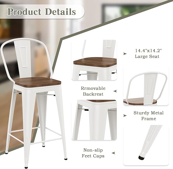 Yongqiang 30 inch Bar Stools Set of 4 Farmhouse Bar Height Stools High Back Kitchen Bar Chairs Cream White Metal Barstools with Large Wooden Seat