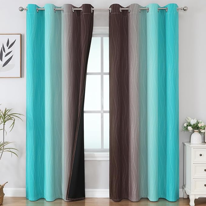 Estelar Textiler Brown and Teal Ombre Blackout Curtains 90 Inch Length 2 Panels - Image 2