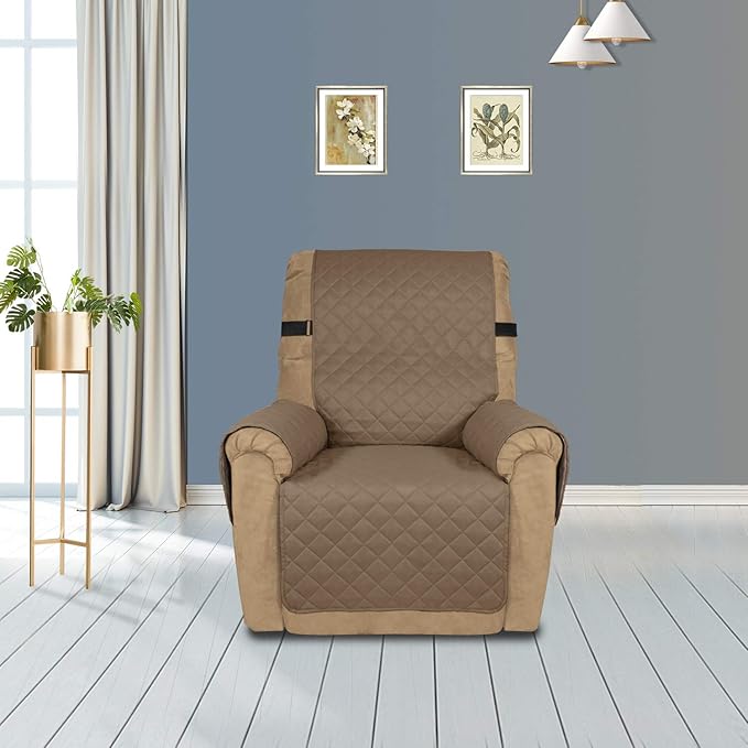 PureFit Reversible Sofa Cover Water Resistant Recliner Couch Cover, Machine Washable Furniture Cover with Adjustable Strap for Dogs, Pets (Recliner, Camel/Ivory)