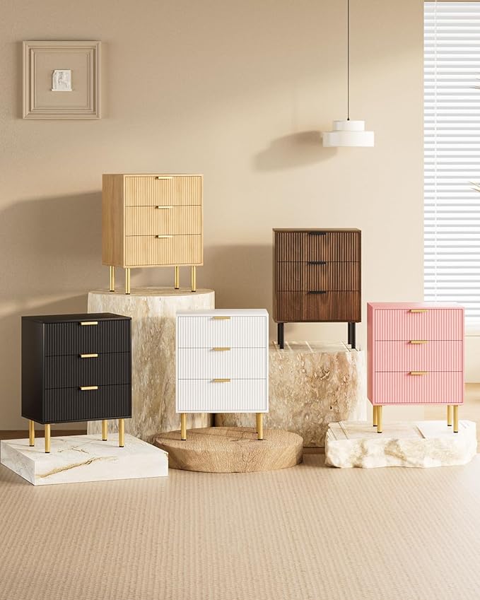 Night Stand,Tall Bedside Table with 3Storage Drawers,Oak Nightstand,Bedside Furniture,Side Table with Gold Frame,End Table for Bedroom,Living Room