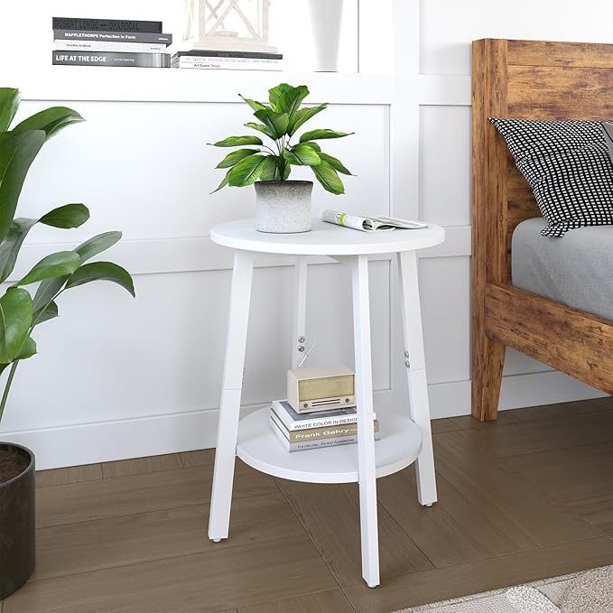 Side Table, Small Round End Table with Storage Shelf for Small Space, 2-Tier Bedside Table Sofa Couch Table, Round Accent Table Nighstands for Living Room, Bedroom,White