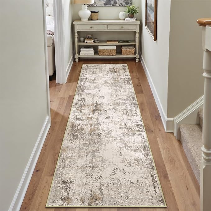 3x10 Washable Runner Rug Brown Grey Neutral Abstract Hallway Kitchen Living Room Bedroom Non Slip Throw Rug Soft Low Pile Indoor Carpet for Entrance Laundry Bathroom