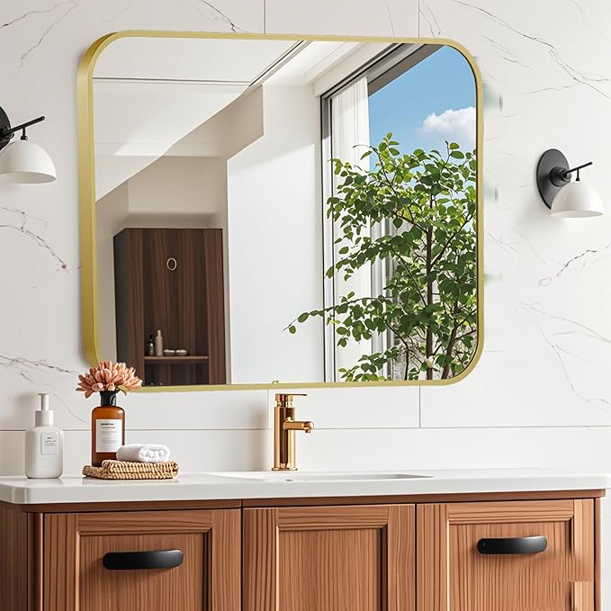 16x20 Inch Gold Mirror, Framed Rectangle Mirror with Rounded Corner, Brushed Brass Mirror, Gold Bathroom Mirror for Over Sink, Vanity, Living Room, Bedroom, Horizontal/Vertical