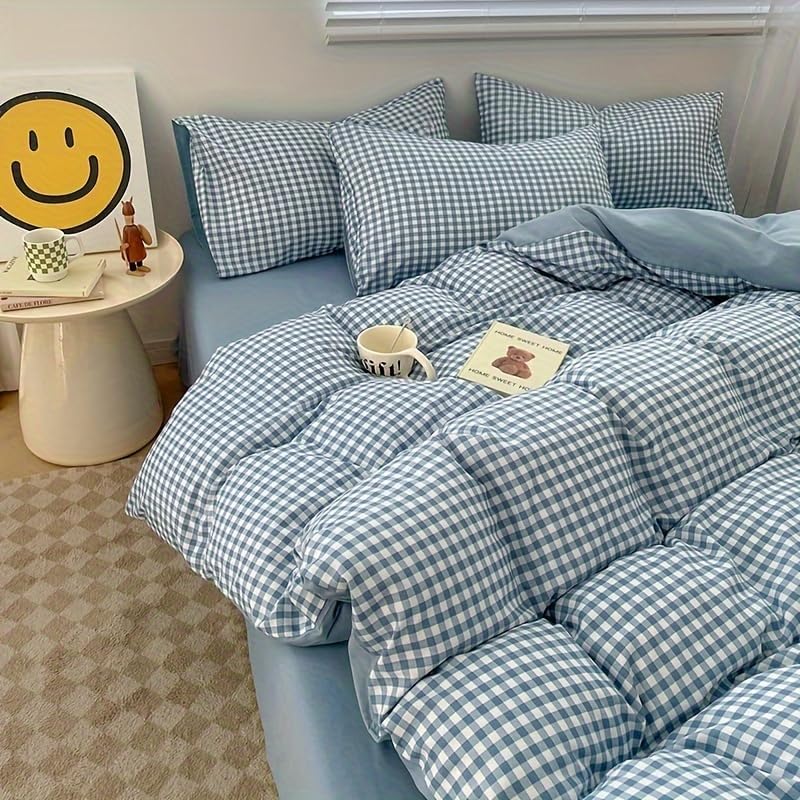 Nayoroom Gingham Comforter Set Queen Reversible Blue Plaid Dorm Bedding - Image 6