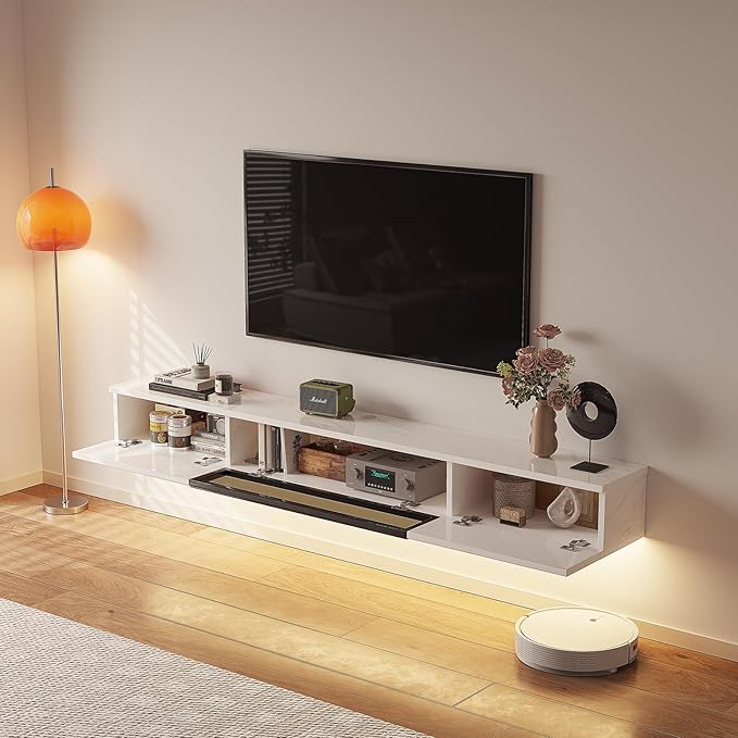 High Gloss Floating TV Stand,55'' Wall Mounted TV Console,Under TV Floating Shelf,Floating TV Cabinet with 3 Doors for Bedroom Living Room,White