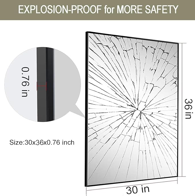 Wall Mirror 30x36, Rectangle Bathroom Mirror 30 x 36 inch, Black Metal Wall Mirror, Large Vanity Mirror 30 by36, Modern Wall Mounted Mirrors for Hallway, Living Room, Bedroom