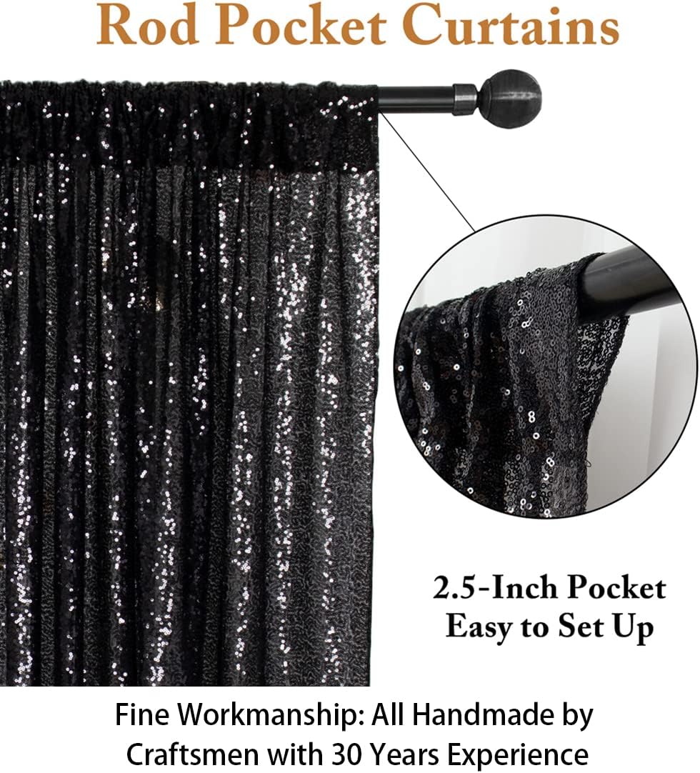 ShinyBeauty 2Pcs 5FTx10FT Black Sequin Backdrop Curtain | Glitter Wedding & Photography Background | Elegant Shimmer Curtains for Events & Parties
