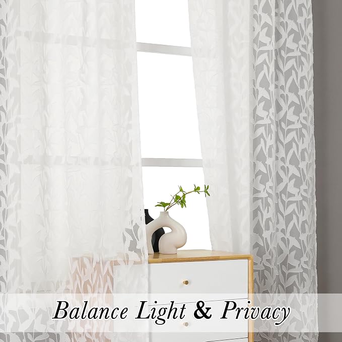 Lecloud Leia Jacquard Textured Ivory Semi Sheer Curtain 45 Inch Length - Image 4