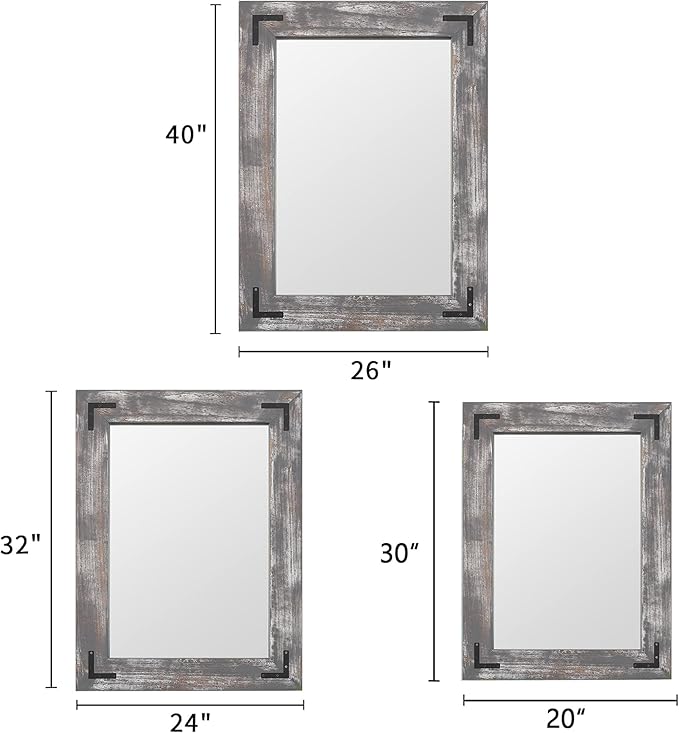 YOSHOOT Rustic Wooden Framed Wall Mirror, 30"x20", Natural Wood Bathroom Vanity Mirror for Farmhouse Decor, Vertical or Horizontal Hanging